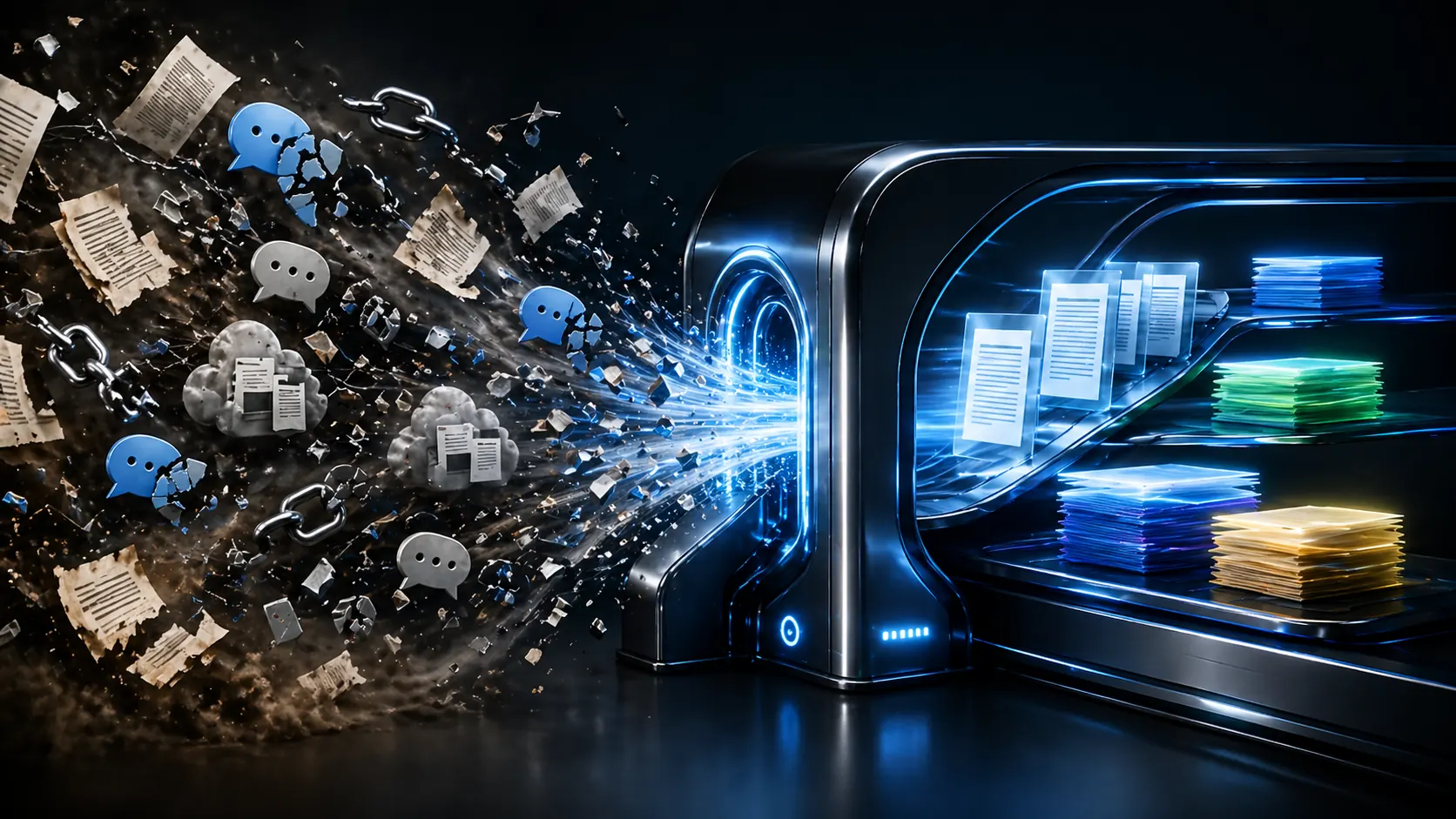 Fragmented evidence — broken chains, shattered conversations, torn document fragments — funneled through a sleek portal into neat stacks of color-coded documents