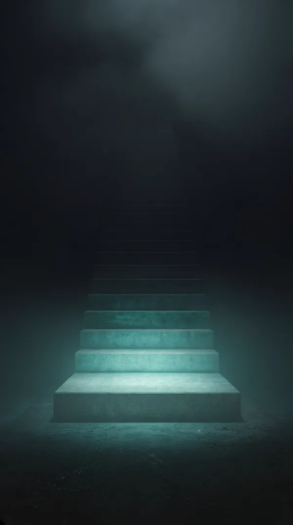 Staircase ascending into darkness — the first step lit in teal