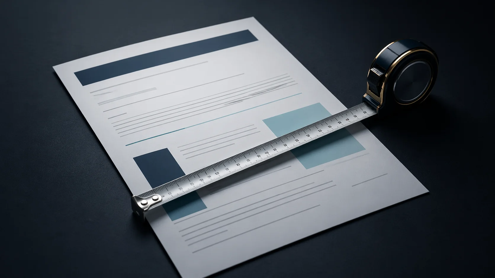 A tape measure extended across a document on a dark desk, teal layout blocks beneath the tape — measurement applied to content that had previously been intuition