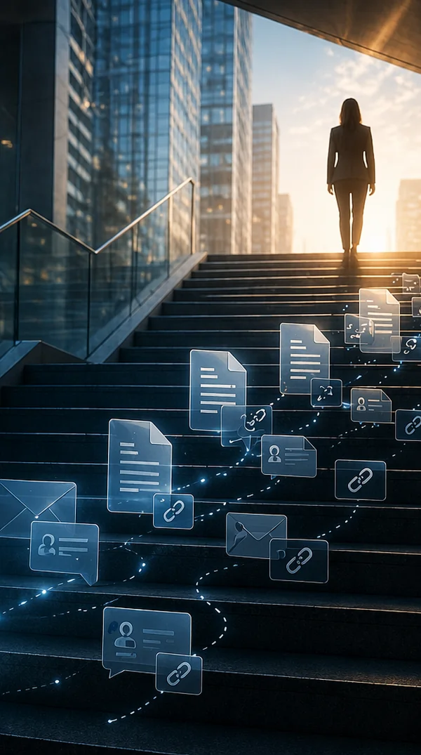 A silhouette climbs a staircase while email, document, and link icons ascend the steps