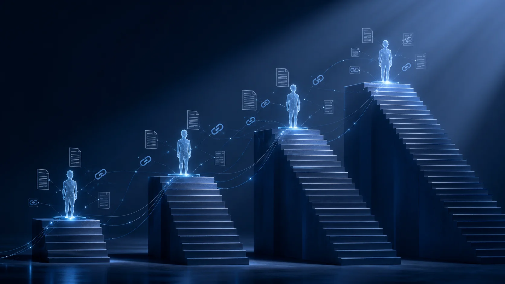 Four ascending platforms in a dark blue void, each topped by a glowing humanoid figure connected by light trails to floating document and link icons — the RGR staircase, custodian by custodian