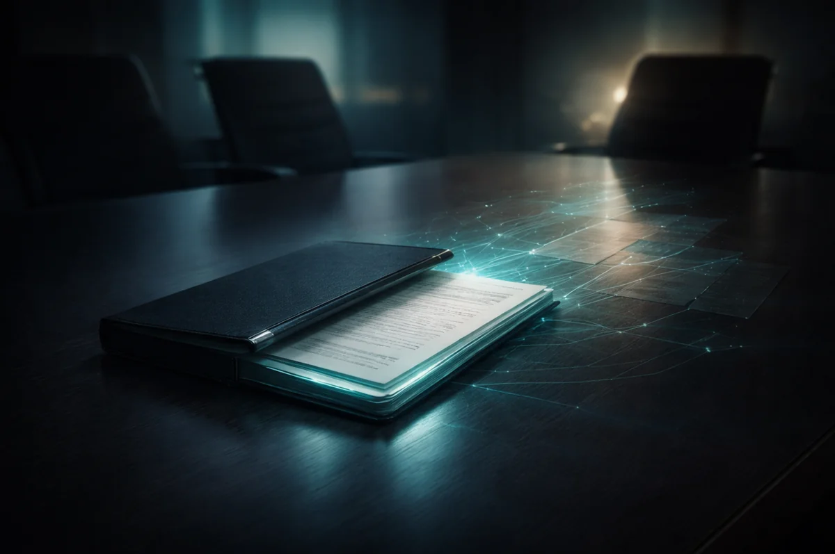 Dark conference room with a leather portfolio open on the table, teal light and networked data patterns flowing from its pages